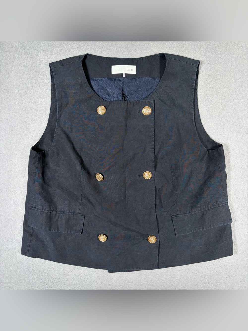 Zara Double Breasted Vest Women’s X-Large Navy With Gold Button Linen Blend